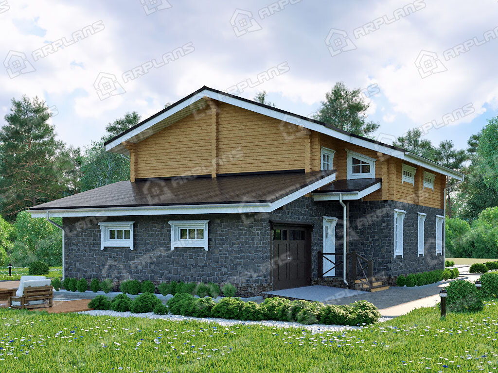 Фото 2 комбинированного дома из газобетона и бруса с мансардой, 4 спальнями, балконом, газовой котельной, террасой и гаражом. Общая площадь 228 кв м. Источник arplans.ru Проект А-037