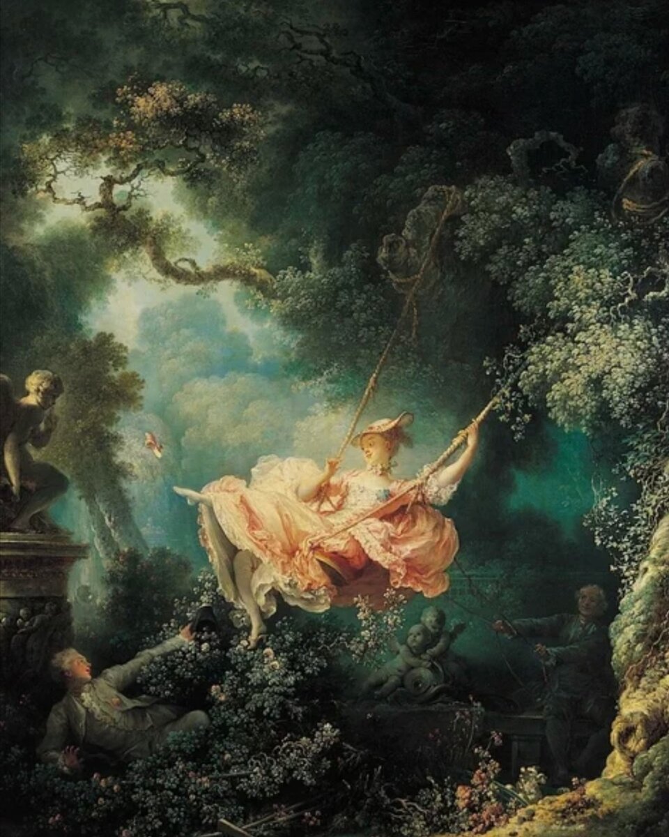 «Счастливые возможности качелей», Жан-Оноре Фрагонар, 1767 г. Наиболее известная работа художника, считающаяся одним из шедевров живописи эпохи рококо. 