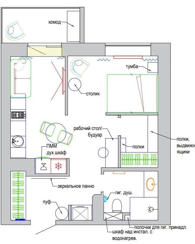 Яркая однушка на берегу Волги: уместили кухню, гостиную и спальню на 39 ...