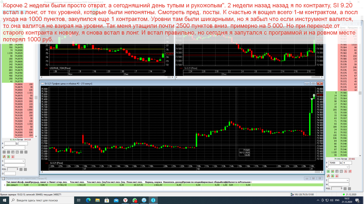 сделка в длинною 21 день + кривые руки!!! итог -1200 рублей, от предыдущего значения. 
На счету 16 210, а было 17 378 руб.
