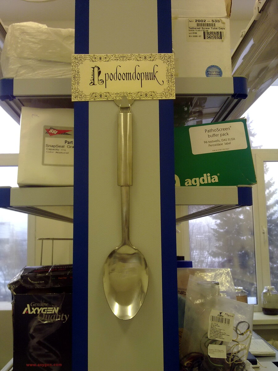 В одном из ящиков не лежало ничего, кроме большой длинной ложки! Везде завалы, а на нее выделили целый ящик:) Поэтому эту ложку-пробоотборник мы поместили на почетное место. Это первое, что видно, когда заходишь в кабинет))