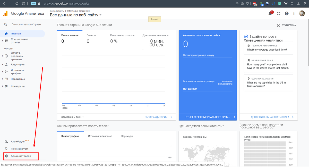 Скрин главной страницы в Google Analytics