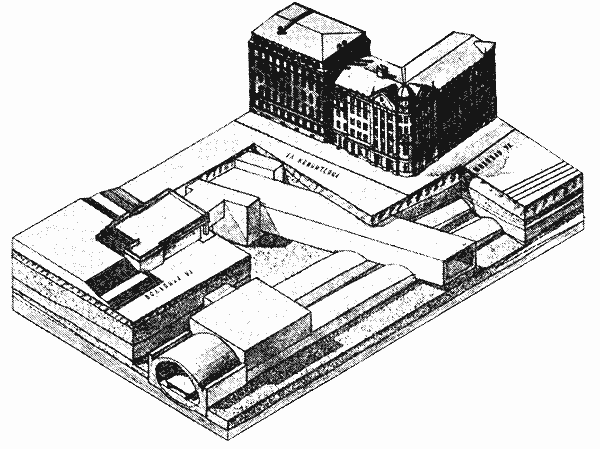 Пересечение  тоннеля Филевской линии (прямоугольный, открытый способ работ) с  тоннелями Сокольнической линии (закрытый способ работ).