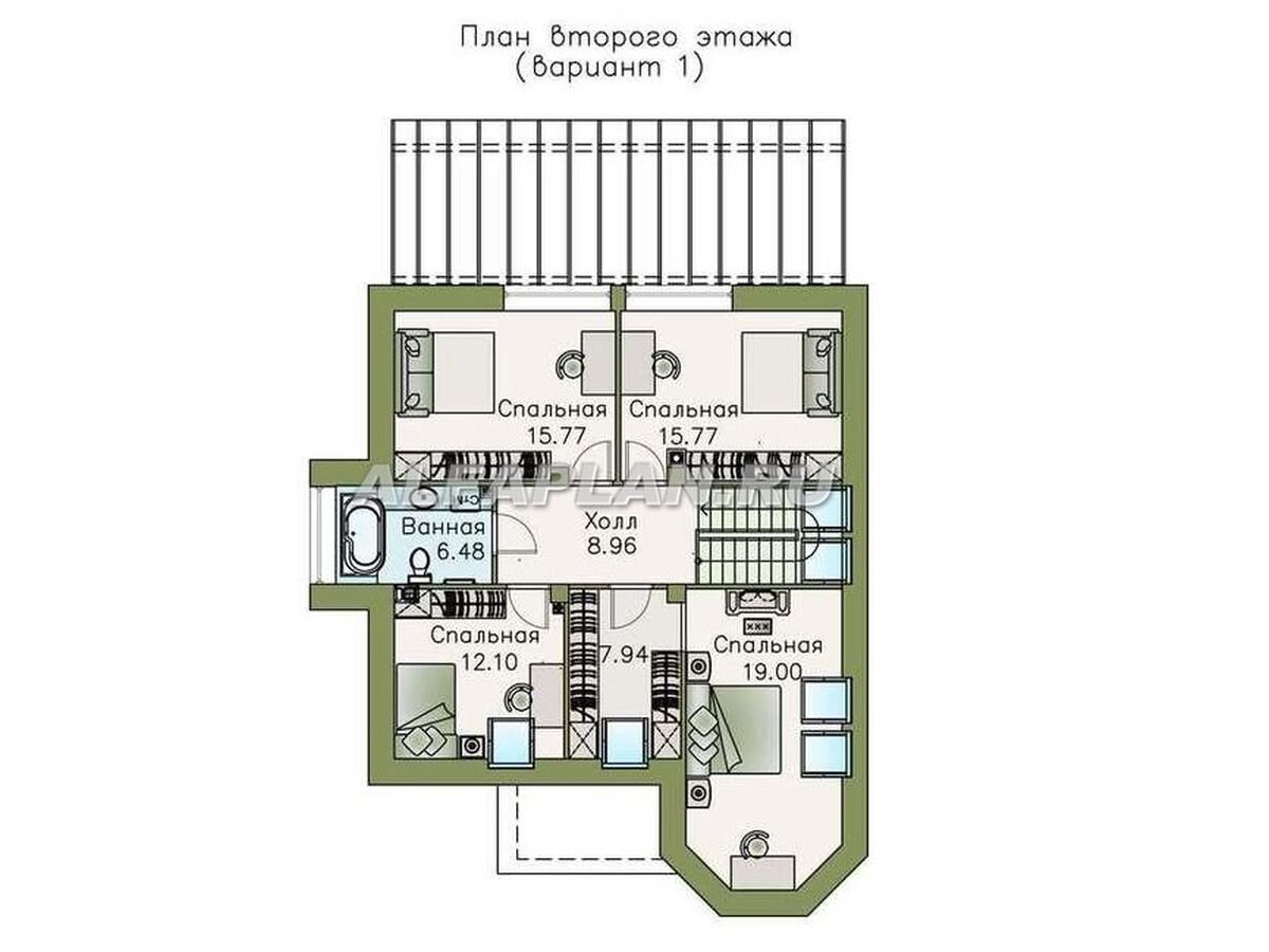 НА СЛАЙД ШОУ 3 ФОТО: ПЛАНИРОВКА дома по проекту "Капелла" 596А

На 2 этаже:  приватная зона – спальни с мансардными окнами  и ванная комната.
Есть 2 варианта планировки 2 этажа. Первый вариант подразумевает 4 спальни, большая из которых имеет гардеробную. 