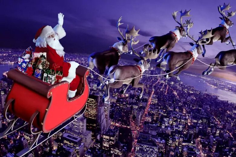 Санта Клаус на санях в оленьей упряжке из бумаги