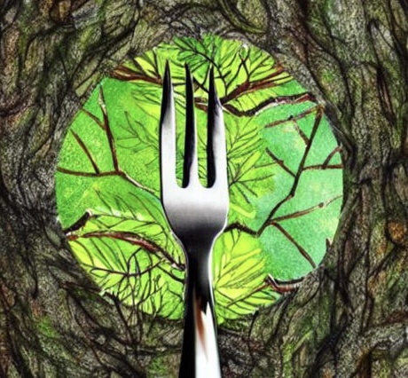 В листве дерева застряла большая вилка.