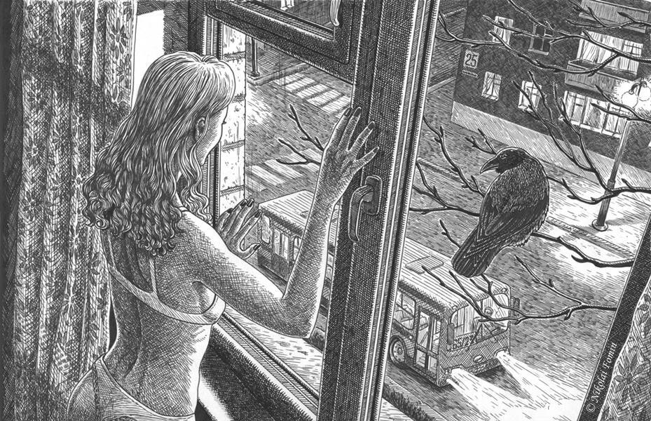 Иллюстрация для рассказа "Автобус № 65/23", вошедшая в книгу "Саянский декаданс". Художник Николай Фомин.
