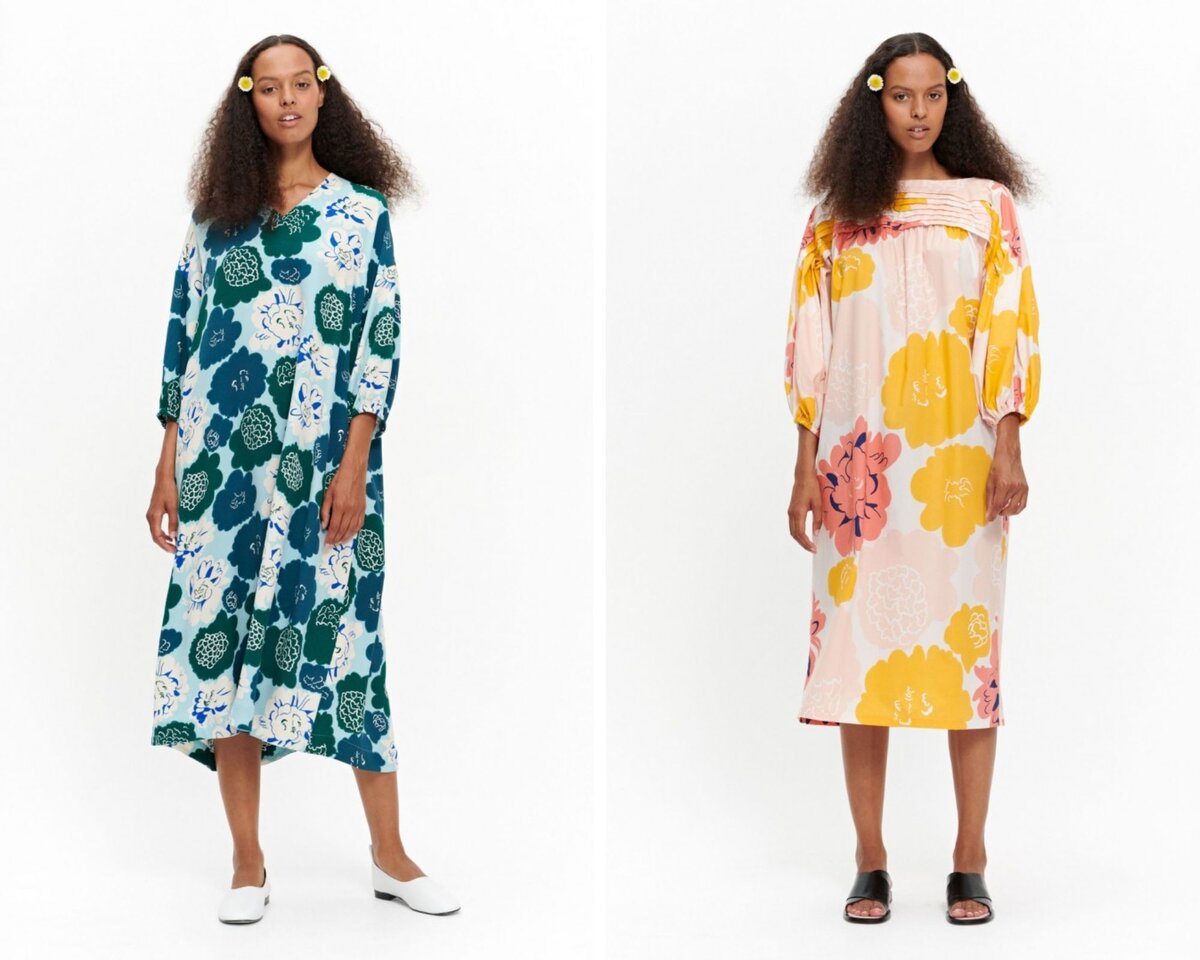 Фото www.marimekko.com Платье зеленое цена со скидкой  30% 154 Евро, платье в крупный цветок цена со скидкой  30% 199,5 Евро