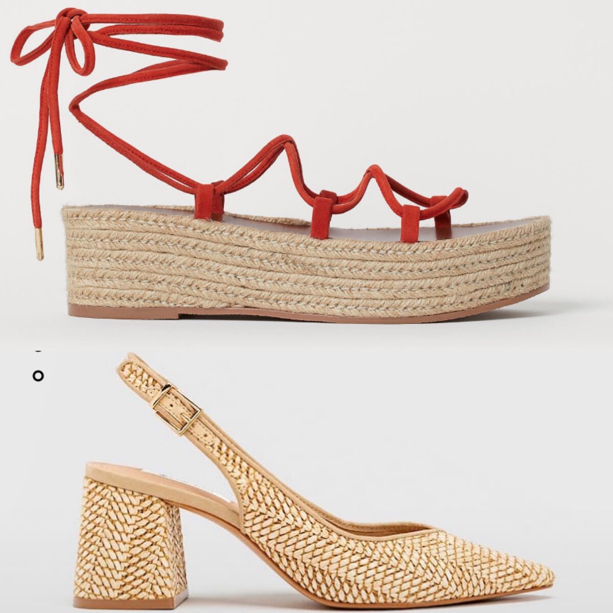 Коллаж автора ( босоножки H&M, цена 1799 руб; босоножки из рафии Stradivarius, цена 1599 руб)
