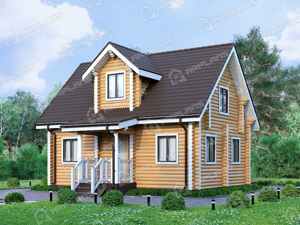 Фото 2 деревянного дома из бревна с мансардой, террасой и 2 спальнями, 70 кв м. Источник arplans.ru Проект ДО-158 