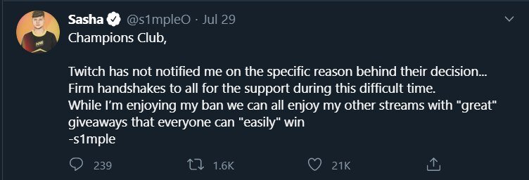 Twitch не уведомил меня о конкретной причине их решения. Крепкие рукопожатия всем за поддержку в это трудное время. Пока я наслаждаюсь своим запретом, мы все можем наслаждаться моими другими потоками с «великолепными» раздачами, в которой каждый может «легко» выиграть.