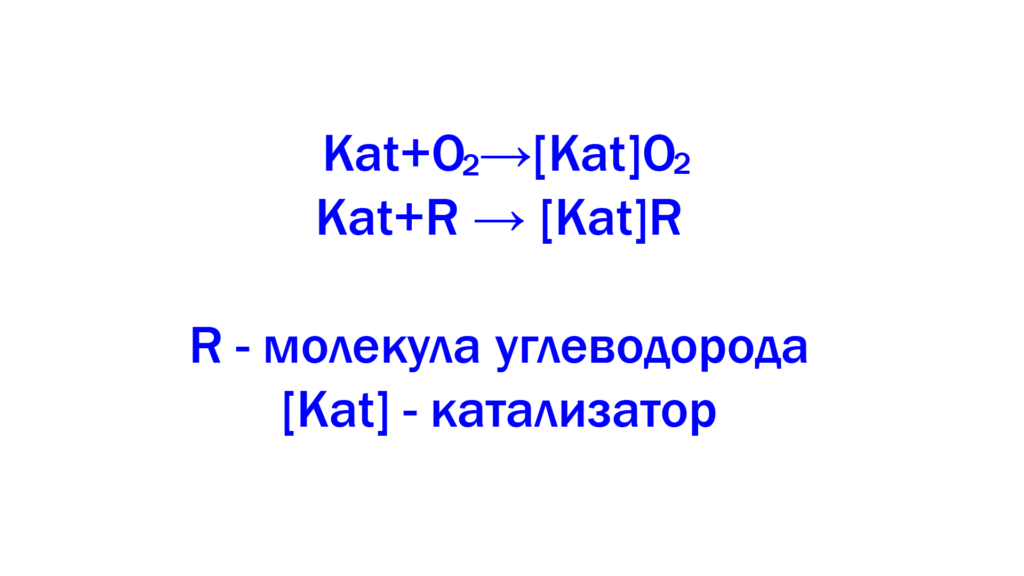 Попадая в зону реакции, катализатор вступает в химическое взаимодействие с углеводородом и кислородом воздуха.
Образуя промежуточное активное соединение, катализатор не входит в состав продуктов реакции.