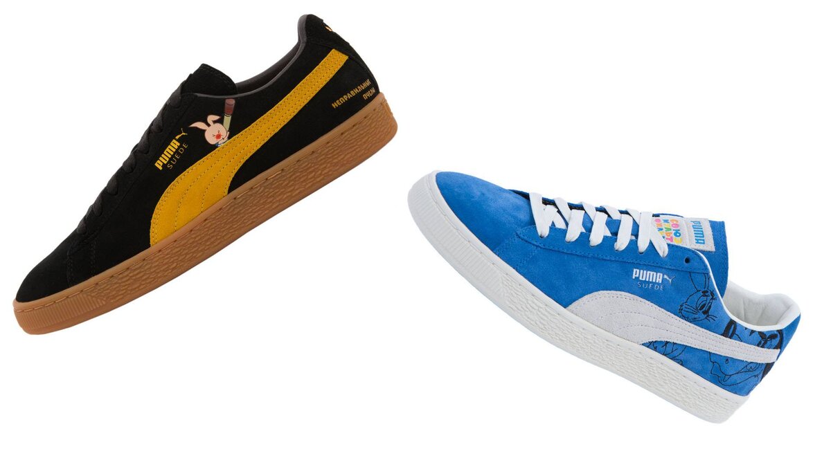 Две модели кроссовок Puma Suede с героями мультфильмов «Винни-Пух» и «Ну, погоди!»