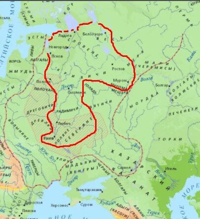 Красной линией отмечена приблизительная граница Руси в конце IX века