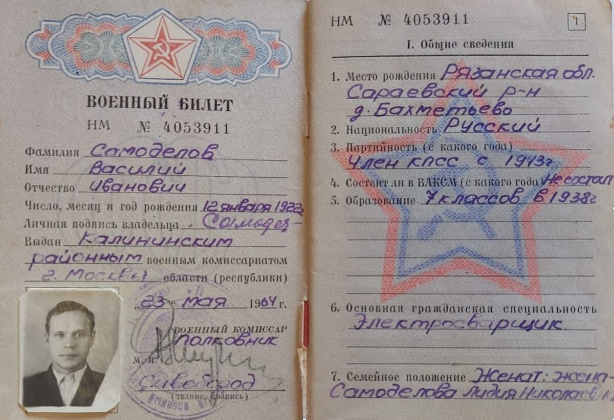 Военный билет Василия Ивановича Самоделова. Фото предоставлено семьей героя публикации