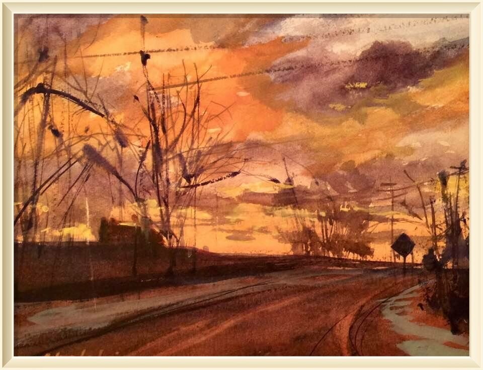 © Sandra Lynn Strohschein "Sunset Drive to Holland State Park". 9 x 12