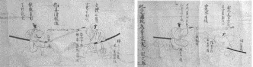 Фото 9-3. Иллюстрации, найденные в свитке об иайдзюцу, подписаны и датированы «благоприятным днем в третьем месяце одиннадцатого года Канбун» (1671). Рисунки представляют особый интерес не только потому, что на них изображены представители иаи, носящие мечи лезвием вниз, но и потому, что они принадлежат к древнейшим известным рисункам техники иаи 