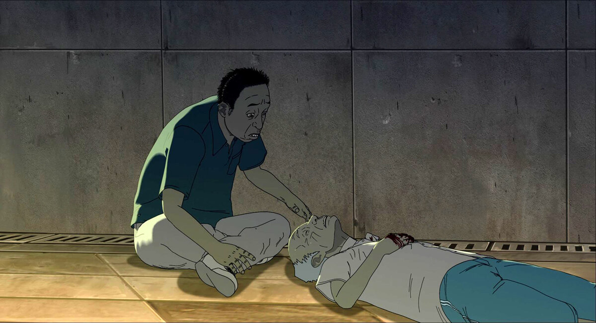 Первые минут 10 анримационного фильма «Станция Сеул» идёт борьба за спасение неизвестного старика