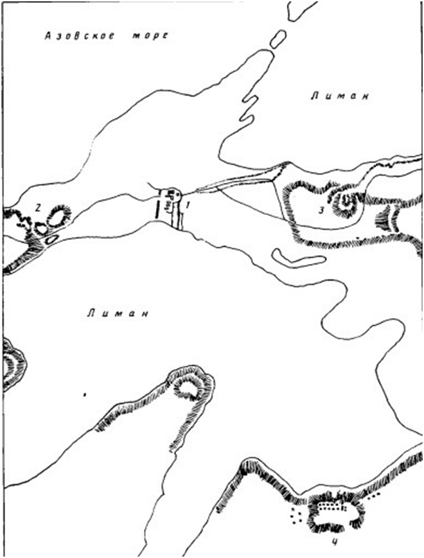 Рис.1 Карта местоположения крепости Темрюк И.Ф Бринка 1977 год, 1- крепость Темрюк, 2- крепость Берберземин, 3- гора Аман-кала, 4- поселение Некрасовских казаков.