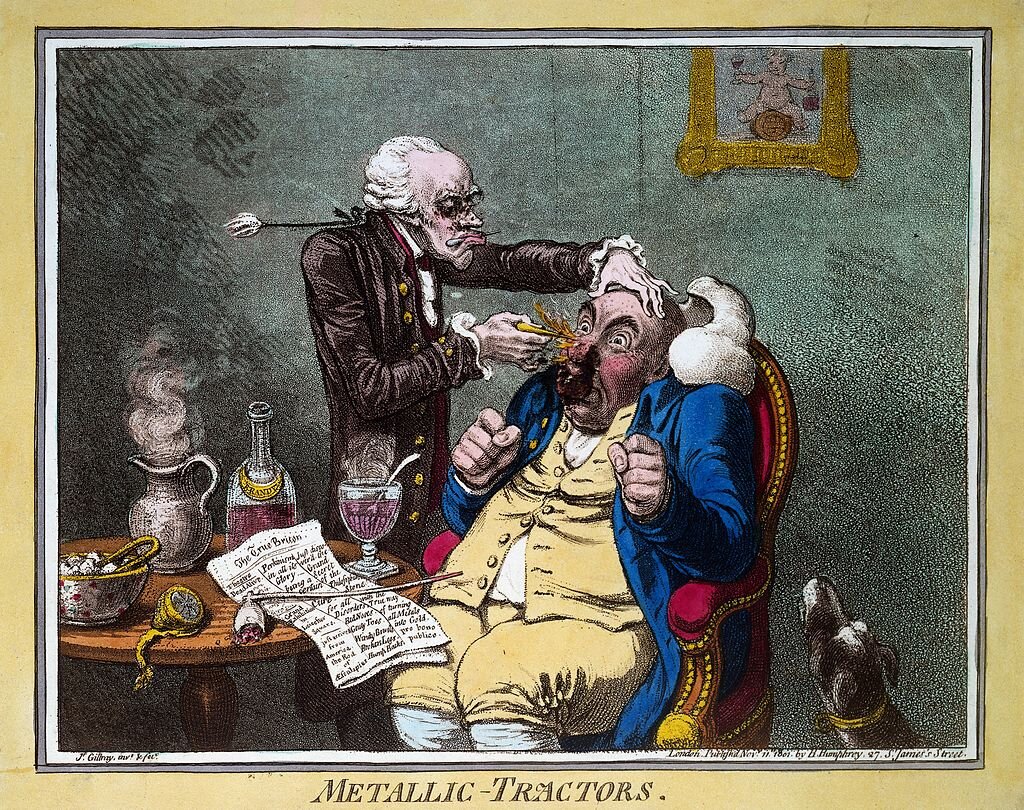 Metallic Tractors. Caricature of a quack treating a patient with Perkins Patent Tractors by James Gillray, 1801