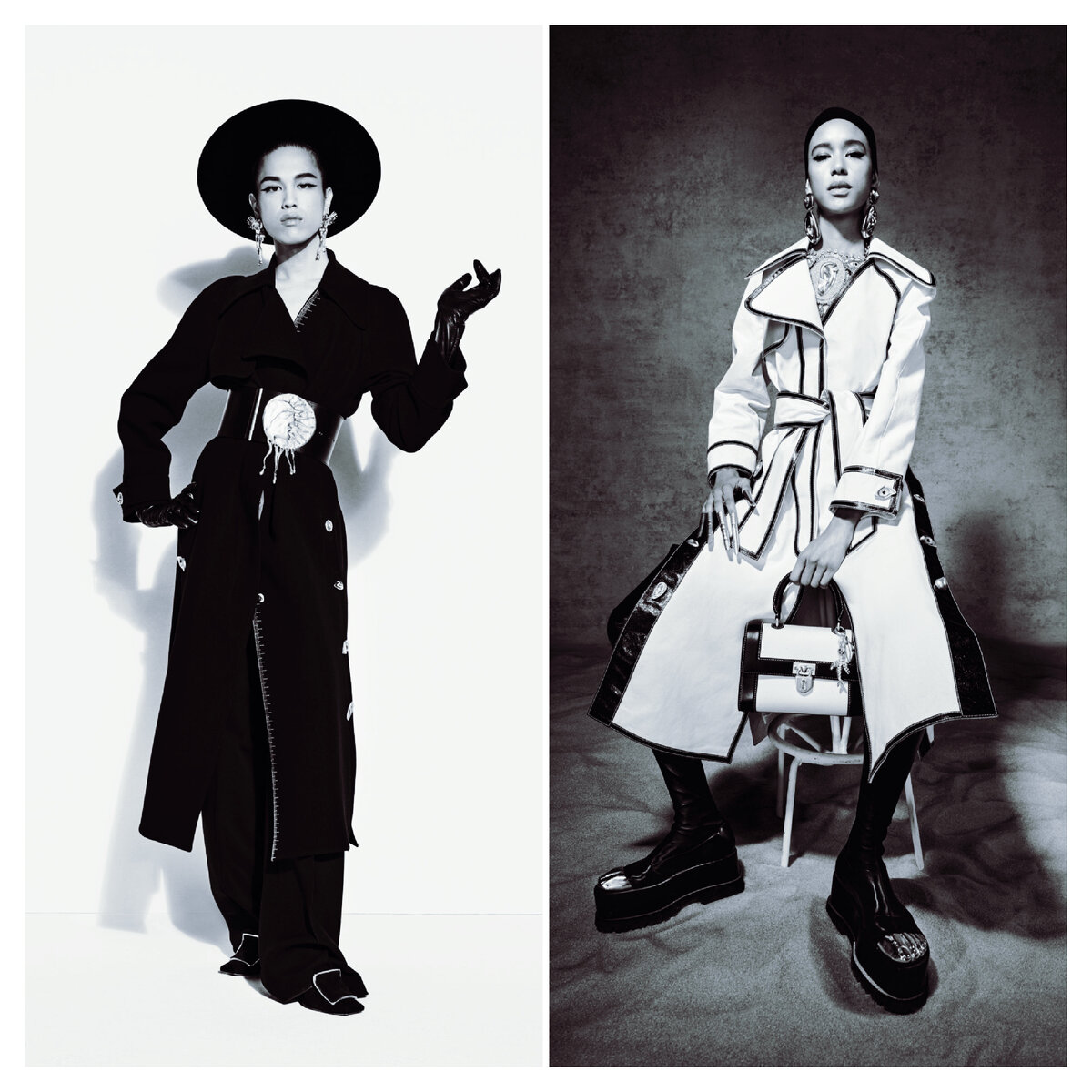 Слева направо: Anatomy Snap Coat, Belted trench coat in ecru cotton canvas, Schiaparelly 