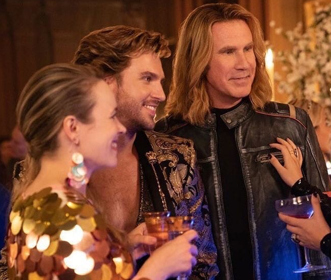 Рэйчел МакАдамс, Дэн Стивенс и Уилл Феррелл в  фильме «Евровидение: История огненной саги». Кадр из фильма