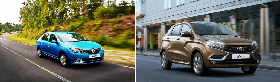 Слева: Renault Logan. Источник: newlogan.ru  
Справа: Lada XRAY Hatchback. Источник: lada.ru 