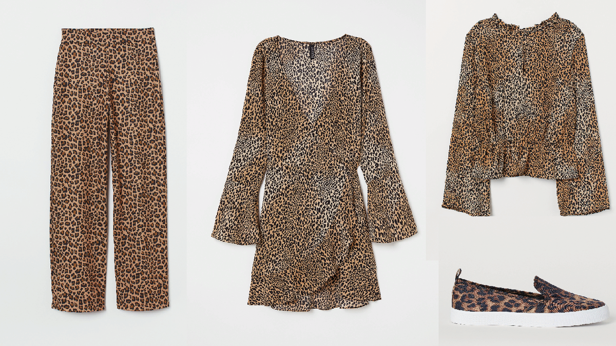 Широкие трикотажные брюки - 510 руб, платье из крепа на запахе - 378 руб, 
блузка с рисунком - 285 руб, слипоны - 879 руб.
