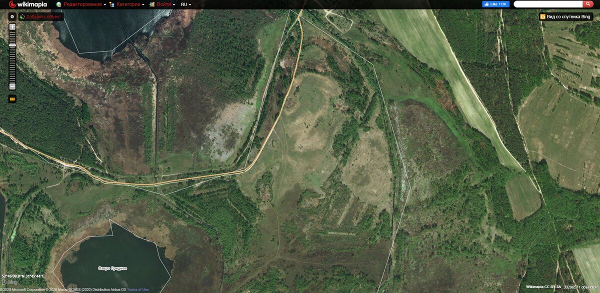 Вид со спутника на бывший пункт специальной обработки техники. Новозыбковский район, Брянская область, рядом с селом Кожаны (оно расположено севернее и к нему идёт грунтовая дорога).