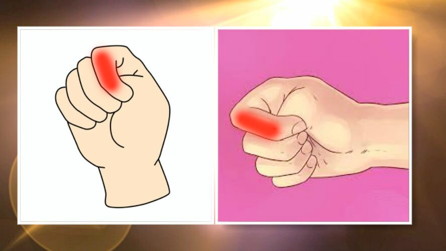 Йоговский кулак, работать будем выделенной красным областью указательных пальцев, то есть средней фалангой // коллаж автора, фото adme.ru, kp.ru