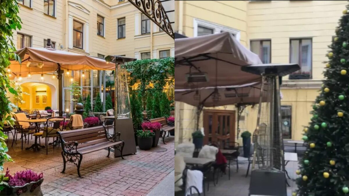 Патио отеля Гельвеция: летом и зимой