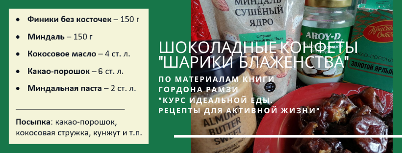Ингредиенты для шоколадных конфет "Шарики блаженства" по материалам книги Гордона Рамзи "Курс идеальной еды. Рецепты для активной жизни". Фото и коллаж автора