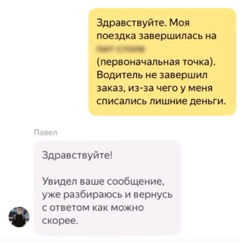 Чат с поддержкой, где нечестный пользователь возвращает деньги.