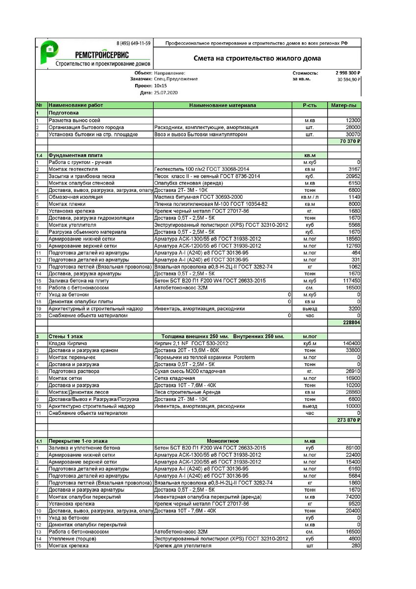 Проект и смета на строительство дома