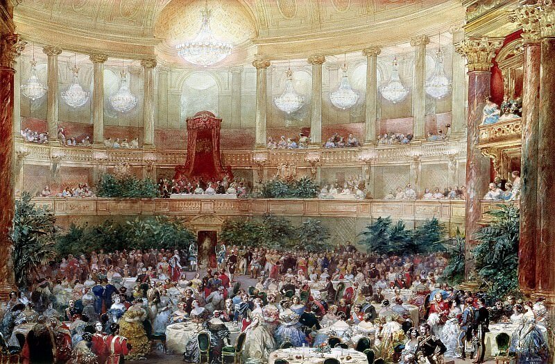 Эжен-Луи Лами "Ужин в Зале зрелищ в Версале". 1854 г. С сайта https://gallerix.ru/pic/L/53516/733.jpeg