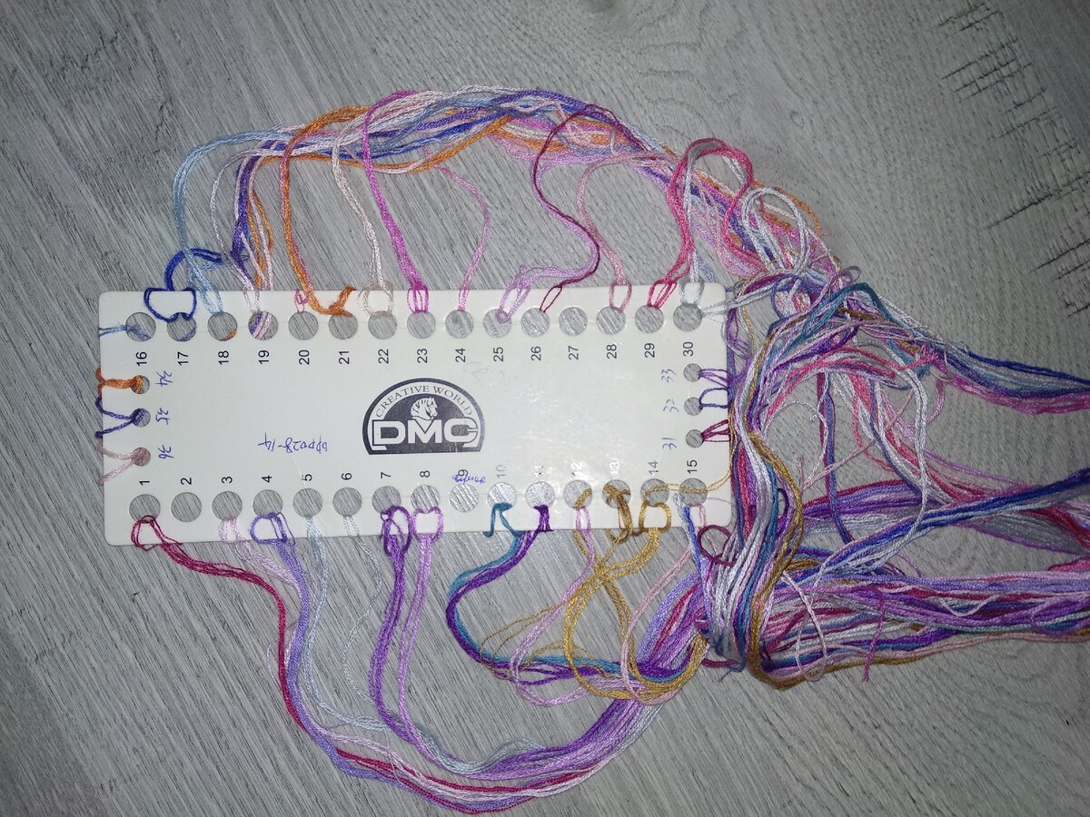Нитки из набора. Видно что три цета закончились полностью, да и остальных осталось немного.