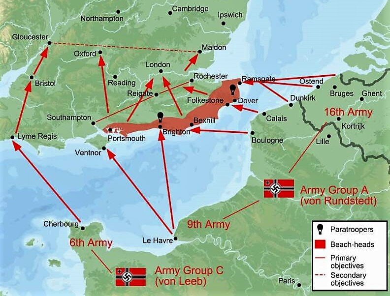 План Третьего рейха по использованию проекта "Морской лев" в атаке Британии . Фото из сети