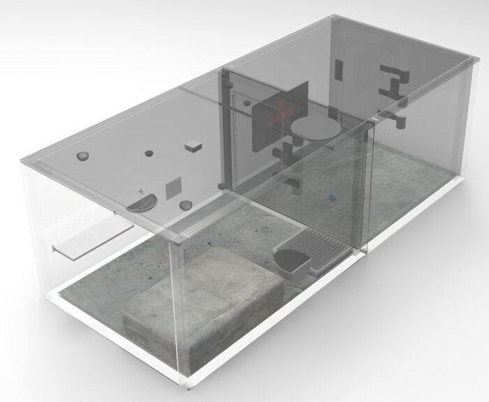 
Макет камеры С-1Размеры камеры: длина - 4 м, ширина - 3 м, высота - 3 м.Стены, пол и потолок изготовлены из железобетона и оснащены креплениями для навесных защитных панелей (свинцовые - для радиоактивных объектов, мягкие материалы - для психически нестабильных гуманоидов, и т.д.). Лампы освещения и видеокамеры закреплены на потолке и защищены бронестеклом. На лампах имеются крепления для светофильтров. Поскольку запись звука камерой через бронестекло будет затруднена, на потолке или потолочной панели размещены дополнительные компактные скрытые микрофоны. На стене у входа в камеру установлен интерком.Камера оснащена спринклерной системой пожаротушения.Вентиляция: выход венткороба, размером 15х15 см, размещён в потолке. Предусмотрена возможность перенаправления отводимого потока воздуха в фильтровентиляционную систему (на случай выделения газа, спор и т.п). Предусмотрена возможность подачи в камеру газообразных транквилизаторов.Сантехника: металлическая раковина, вода подается через выходящий из стены короткий патрубок, по нажатию кнопки; унитаз металлический, встроенный в стену.Душ расположен в углу камеры и огорожен плёночной занавеской. Душевая лейка встроена в потолок, включение/выключение подачи воды осуществляется путём нажатия кнопки в стене. Сливное отверстие перекрыто решёткой. Предусмотрена возможность перенаправления стока в фильтрующую систему (на случай опасных выделений).Мебель. В качестве кровати используется бетонное возвышение высотой 0.7 м, шириной 1.5 м, длиной 2.2 метра. Откидной столик (АБС-пластик, поворотное крепление - без ножек). Постельные и банные принадлежности - на усмотрение персонала.Люк мусоропровода расположен в стене, мусоропровод ведёт непосредственно в шахту мусоросжигателя (может перекрываться решеткой для проверки выбрасываемого мусора).