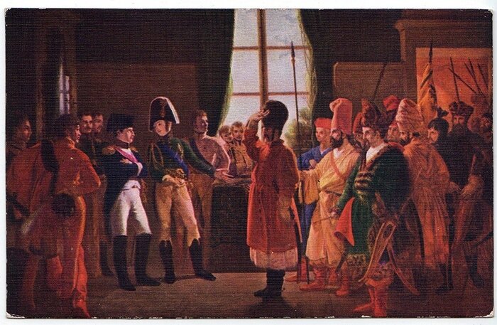 Napoleone e Alessandro a Tilsit.Alexander I of Russia (1777-1825)  Картина художника Бержере, Пьер-Ноласк – "Александр I знакомит Наполеона с калмыкскими и башкирскими казаками своей армии 3 июля 1807 года Версальский дворец".