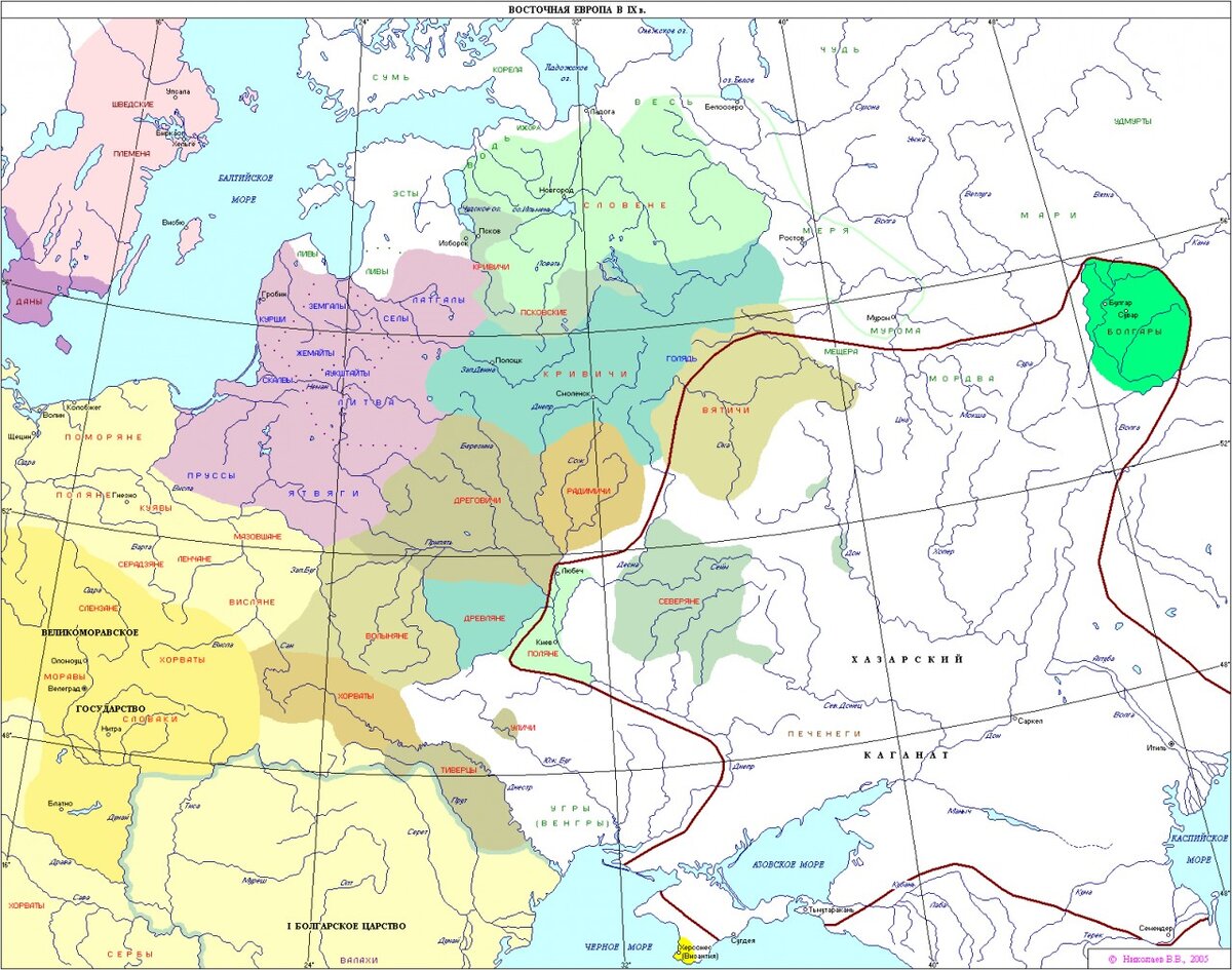   
Карта расселения славян в IX в  

ДУЛЕБЫ  — племенной союз восточных славян. 
Обитали в бассейне Буга и правых притоков Припяти начиная с 6 в. Исследователи относят дулебов к одной из самых ранних этнических групп восточных славян, из которой позднее образовались некоторые другие племенные союзы, включая волынян (бужан) и древлян. Археологические памятники дулебов представлены остатками земледельческих поселений и курганными могильниками с трупосожжениями. 
Согласно летописным данным, в 7 в. дулебы подверглись нашествию аваров. В 907 г. дружина дулебов участвовала в походе князя Олега на Константинополь. По мнению историков, в 10 в. объединение дулебов распалось, а их земли вошли в состав Киевской Руси. 

ВОЛЫНЯНЕ, велыняне  — восточнославянский союз племен, заселявший территорию по обоим берегам Западного Буга и у истока р. Припять. 
Предками волынян, предположительно, были дулебы, а их более раннее название — бужане. Согласно другой точке зрения, "волыняне" и "бужане" — названия двух различных племен или племенных союзов. 

Анонимный автор "Баварского Географа" (1-й пол. 9 в.) насчитывает у волынян 70 городов, а у бужан — 231 город. Арабский географ 10 в. аль-Масуди различает волынян и дулебов, хотя, возможно, его сведения относятся к более раннему периоду. 
В русских летописях волыняне впервые упоминаются под 907 г.: они участвовали в походе князя Олега на Византию как "толковины" — переводчики. В 981 г. киевский князь Владимир I Святославич подчинил Перемышльскуго и Червенскую земли, где жили волыняне. Волынский г. Червень стал с тех пор называться Владимиром-Волынским. Во 2-й пол. 10 в. на землях волынян образовалось Владимиро-Волынское княжество. 

ВЯТИЧИ  — восточнославянский союз племен, обитавших в бассейне верхнего и среднего течения Оки и по р. Москва. 
Согласно "Повести временных лет", родоначальником вятичей был Вятко, пришедший "от ляхов" (поляков) вместе с братом Радимом — родоначальником племени радимичей. Современные археологи не находят подтверждения западнославянского происхождения вятичей. 
По археологическим наблюдениям, расселение вятичей происходило с территории Днепровского левобережья или даже с верховьев Днестра (где обитали дулёбы). Большинство исследователей считает, что субстратом вятичей являлось местное балтское население. Вятичи расселялись в бассейне Оки в период VI—VIII веках 
Во 2-й пол. 9-10 вв. вятичи платили дань Хазарскому каганату. Долгое время они сохраняли независимость от киевских князей. В качестве союзников вятичи участвовали в походе киевского князя Олега на Византию в 911 г. В 968 г. вятичи потерпели поражение от киевского князя Святослава. В нач. 12 в. Владимир Мономах воевал с вятичским князем Ходотой. В кон. 11 - нач. 12 вв. среди вятичей насаждалось христианство. Несмотря на это, они долгое время сохраняли языческие верования. 
К 12 в. территория вятичей находилась в Черниговском, Ростово-Суздальском и Рязанском княжествах. 

ДРЕВЛЯНЕ  — восточнославянский племенной союз, занимавший в 6-10 вв. территорию Полесья, Правобережье Днепра, западнее полян, по течению рек Тетерев, Уж, Уборт, Ствига. Ареал проживания древлян соответствует ареалу лука-райковецкой культуры. Имя древляне, по объяснению летописца, дано им потому, что они жили в лесах. 
На западе древляне граничили с волынянами и бужанами, на севере — с дреговичами. Археологи обнаружили на землях древлян захоронения с трупосожжениями в урнах в бескурганных могильниках. В 6-8 вв. распространились погребения в курганах, в 8-10 вв.— безурновые захоронения, а в 10-13 вв.— трупоположения в курганах. 
Отсутствие оружия в могилах свидетельствует о мирном характере племени; находки серпов, черепков и сосудов, железных изделий, остатков тканей и кож указывают на существование у древлян хлебопашества, промыслов гончарного, кузнечного, ткацкого и кожевенного; множество костей домашних животных и шпоры указывают на скотоводство и коневодство; множество иноземных изделий из серебра, бронзы, стекла и сердолика указывает на существование торговли, а отсутствие монет дает повод заключить, что торговля была меновой. 
В 883 г. киевский князь Олег "начал воевать против древлян и, покорив их, возложил дань на них по черной кунице (соболь)", а в 911 г. древляне участвовали в походе Олега на Византию. В 945 г. князь Игорь по совету дружины пошел "к древлянам за данью и прибавил к прежней дани новую, и творили насилие над ними мужи его", однако не удовлетворился собранным и решил "пособирать еще". Древляне, посовещавшись со своим князем Малом, решили убить Игоря: "если не убьем его, то всех нас погубит". Вдова Игоря, Ольга, в 946 г. жестоко отомстила древлянам, предав огню их столицу г. Искоростень, "городских же старейшин взяла в плен, а других людей убила, третьих отдала в рабство мужам своим, а остальных оставила платить дань", а вся земля древлян была присоединена к киевскому уделу с центром в г. Вручий (Овруч). 

ДРЕГОВИЧИ  — племенной союз восточных славян. 
Точные границы обитания дреговичей до сих пор не установлены. По мнению ряда исследователей (В.В. Седов и др.), в 6-9 вв. дреговичи занимали территорию в срединной части бассейна р. Припять, в 11 — 12 вв. южная граница их расселения проходила южнее Припяти, северо-западная — в водоразделе рек Друть и Березина, западная — в верховьях р. Неман. 
При заселении Беларуси, дреговичи двигались с юга на север (к реке Неман), что указывает на их южное происхождение. Летописи говорят о происхождении дреговичей, наряду с древлянами, полянами (днепровскими), и кривичами (полочанами), от осевших на территории Белоруссии племен белых хорватов, сербов и хорутан, пришедших в VI—VII веках 
Под именем другувитов (греч. δρουγουβίται) дреговичи известны уже Константину Порфирородному как племя, подчиненное Руси. Летопись упоминает только, что дреговичи имели некогда свое княжение. В 10 в. земли, населенные дреговичами, вошли в состав Киевской Руси, а позднее вошли в Туровское и Полоцкое княжества. 

КРИВИЧИ  — племенной союз восточных славян 6-11 вв. Проживали на территориях нынешних Витебской, Могилёвской, Псковской, Брянской и Смоленской областей, а также восточной Латвии. Сформировались на основе пришлого славянского и местного балтского населения (Тушемлинская культура). Вероятно, в этногенезе кривичей участвовали остатки местных финно-угорских и балтских (эсты, ливы, латгалы) племен, которые смешались с многочисленным пришлым славянским населением. 
Кривичей подразделяют на две большие группы: псковскую, и полоцко-смоленскую. В культуре полоцко-смоленских кривичей наряду со славянскими элементами украшений, присутствуют элементы балтского типа. Балтские элементы присутствуют также и в погребальном обряде. 
"Повесть временных лет" сообщает, что городами кривичей были Смоленск и Полоцк. Согласно этой же летописи, в 859 г. кривичи платили дань варягам "из заморья", а в 862 г. вместе со словенами ильменскими и чудью пригласили на княжение Рюрика с братьями Синеусом и Трувором. Под 882 г. в "Повести временных лет" помещен рассказ о том, как Олег ходил на Смоленск, на кривичей, и, взяв город, "посадил в нем мужа своего". Как и другие славянские племена, кривичи платили дань варягам, ходили вместе с Олегом и Игорем в походы на Византию. В 11-12 вв. на землях кривичей возникли Полоцкое и Смоленское княжества. 

ПОЛОЧАНЕ  — славянское племя, часть племенного союза кривичей; жили по берегам р. Двина и ее притока Полота, от которого и получили свое название. 
Центром земли полочан был г. Полоцк. В "Повести временных лет" полочане несколько раз упоминаются вместе с такими большими племенными союзами, как словене ильменские, древляне, дреговичи, поляне. 
Однако ряд историков подвергает сомнению существование полочан как отдельного племени. Аргументируя свою точку зрения, они обращают внимание на то, что "Повесть временных лет" никак не связывает полочан с кривичами, во владения которых входили их земли. Историк Л.Г. Кузьмин предположил, что фрагмент о племени полочан появился в "Повести" около 1068 г., когда киевляне изгнали князя Изяслава Ярославича и посадили на княжеский стол полоцкого князя Всеслава. 
В сер. 10 - нач. 11 вв. на территории полочан образовалось Полоцкое княжество. 

ПОЛЯНЕ  — племенной союз восточных славян, обитавший на Днепре, в районе современного Киева. Само происхождение полян остается неясным, так как территория их расселения находилась на стыке нескольких археологических культур. В VI—VII веках корчакская и пеньковская культура, ассоциируемые соответственно с дулебами и антами, граничили здесь с колочинской культурой, распространенной на левом берегу Днепра. Сначала, около половины VIII века, платившие дань хазарам поляне благодаря культурному и экономическому превосходству из оборонительного положения по отношению к соседям скоро перешли в наступательное; древляне, дреговичи, северяне и другие к концу IX века были уже подвластны полянам. У них ранее других водворилось и христианство. Центром полянской земли был Киев; другие её населённые пункты — Вышгород, Белгород на реке Ирпень (ныне село Белогородка), Звенигород, Треполь (ныне село Триполье), Василев (ныне Васильков) и прочие. 
С полянами связана одна из версий происхождения Руси, упоминаемая в "Повести временных лет". Ученые считают "поляно-русскую" версию более древней, чем "варяжская легенда", и относят ее к кон. 10 в. 
Древнерусский автор этой версии считал полян славянами, пришедшими из Норика (территория на Дунае), которые стали первыми называться именем "русь": "Поляне яже ныне зовомая русь". В летописи резко противопоставляются обычаи полян и других восточнославянских племен, объединяемых под именем древлян. Поляне, по словам летописца Нестора, резко отличались от соседних славянских племён и по нравственным свойствам, и по формам общественного быта: «Поляне бо своих отец обычаи имяху тих и кроток, и стыденье к снохам своим и к сестрам и к матерем своим…. брачные обычаи имеяху», тогда как древляне, радимичи и вятичи жили в лесах, «подобно зверям», и браков у них не было. 
Во 2-й четв. 10 в. на этих же землях появляется другой народ. Ряд ученых местом его первоначального расселения считает Среднее Подунавье. Другие идентифицируют его с рутами-русами из Великой Моравии. Этот народ был знаком с гончарным кругом. Умерших хоронили по обряду трупоположения в подкурганных ямах. В курганах часто находили нательные кресты. Поляне и русы со временем смешались, русы стали говорить на славянском языке, а племенной союз получил двойное именование — поляне-русь. 

РАДИМИЧИ  — восточнославянский союз племен, обитавший в восточной части Верхнего Поднепровья, по р. Сож и ее притокам в 8-9 вв. 
Через земли радимичей проходили удобные речные пути, связывавшие их с Киевом. Согласно "Повести временных лет", родоначальником племени был Радим, пришедший "от ляхов", т.е. польского происхождения, вместе со своим братом Вятко. У радимичей и вятичей был схожий обряд погребения — прах хоронился в срубе — и схожие височные женские украшения (височные кольца) — семилучевые (у вятичей — семило-пастные). Археологи и лингвисты предполагают, что в создании материальной культуры радимичей участвовали и племена балтов, жившие в верховьях Днепра. В 9 в. радимичи платили дань Хазарскому каганату. В 885 г. эти племена были подчинены киевским князем Олегом Вещим. В 984 г. войско радимичей было разбито на р. Пищане воеводой киевского князя Владимира Святославича. Последний раз они упоминаются в летописи под 1169 г. Затем территория радимичей вошла в Черниговское и Смоленское княжества. 

РУСЫ  — в источниках 8-10 вв. название народа, участвовавшего в образовании Древнерусского государства. 
В исторической науке до сих пор продолжаются дискуссии об этническом происхождении русов. Согласно свидетельствам арабских географов в 9-10 вв. и византийского императора Константина Багрянородного (10 в.), русы являлись социальной верхушкой Киевской Руси и главенствовали над славянами. 
Немецкий историк Г.3. Байер, приглашенный в Россию в 1725 г. для работы в Академии наук, считал, что русы и варяги — это одно норманнское (т.е. скандинавское) племя, принесшее славянским народам государственность. Последователями Байера в 18 в. были Г. Миллер и Л. Шлецер. Так возникла норманнская теория происхождения русов, которую до сих пор разделяют многие историки. 
Опираясь на данные "Повести временных лет", одни историки полагают, что летописец отождествлял "русов" с племенем полян и выводил их вместе с другими славянами с верховьев Дуная, из Норика. Другие считают, что русы — это варяжское племя, "призванное" на княжение в Новгород при князе Олеге Вещем, давшее имя "Русь" Киевской земле. Третьи доказывают, что автор "Слова о полку Игореве" связывал происхождение русов с Северным Причерноморьем и бассейном Дона. 
Ученые отмечают, что в древних документах название народа "русь" было различно — руги, роги, рутены, руйи, руяны, раны, рены, русь, русы, росы. Это слово переводят как "красный", "рыжий" (из кельтских языков), "светлый" (из иранских языков), "роте" (от шведского — "гребцы на весельных ладьях"). 
Некоторые исследователи считают русов славянами. Те историки, которые считают русов балтийскими славянами, утверждают, что слово "русь" близко к названиям "Рюген", "руяне", "руги". Ученые, считающие русов жителями Среднего Подиепровья, замечают, что в Приднепровье встречается слово "рось" (р. Рось), а название "Русская земля" в летописи первоначально обозначало территорию полян и северян (Киев, Чернигов, Переяславль). 
Существует точка зрения, согласно которой русы — это сармато-аланский народ, потомки роксолан. Слово "рус" ("рухс") в иранских языках обозначает "светлый", "белый", "царственный". 
Еще одна группа историков предполагает, что русы — это руги, жившие в 3-5 вв. по р. Дунай римской провинции Норик и ок. 7 в. переселившиеся вместе со славянами в Приднепровье. Загадка происхождения народа "рус" не решена до сих пор. 

СЕВЕРЯНЕ  — восточнославянский союз племен, обитавших в 9-10 вв. по pp. Десна, Сейм, Сула. 
Западными соседями северян были поляне и дреговичи, северными — радимичи и вятичи. 
Происхождение названия северяне не вполне ясно. Объяснение от славянского сивер, север, несмотря на схожесть звучания, является маловероятным, так как северяне не были наиболее северным из славянских племён. По мнению В. В. Седова оно имеет скифско-сарматское происхождение и возводится к иранскому слову «чёрный», что подтверждается названием города северян — Чернигов. 
Археологи соотносят северян с носителями волынцевской археологической культуры, которые жили на левом берегу Днепра, по Десне и Сейму в 7-9 вв. Волынцевские племена были славянскими, но их территория соприкасалась с землями, населенными носителями салтовомаяцкой археологической культуры. 
Основным занятием северян было земледелие. В IX веке они платили дань хазарам, позже (882) были подчинены князем Олегом и их территория вместе с землёй полян, кривичей и ильменских словен составили ядро Киевской Руси. В 907 приняли участие в походе Олега на Византию. Позже на их территории возникло Черниговское княжество. 

СЛОВЕНЕ ИЛЬМЕНСКИЕ  — племенной союз восточных славян на территории Новгородской земли, в основном в землях около оз. Ильмень, по соседству с кривичами. 
По свидетельству "Повести временных лет", словене ильменские вместе с кривичами, чудью и мерей участвовали в призвании варягов, которые были родственны словенам — выходцам с Балтийского Поморья. Словенские воины входили в состав дружины князя Олега, участвовали в походе Владимира I Святославича на полоцкого князя Рогволда в 980 г. 
Ряд историков считает "прародиной" словен Поднепровье, другие выводят предков ильменских словен из Балтийского Поморья, поскольку предания, верования и обычаи, тип жилищ новгородцев и полабских славян очень близки. 

ТИВЕРЦЫ  — восточнославянское племя, расселившееся в IX веке в междуречье Днестра и Прута, а также Дуная, в том числе у Буджакского побережья Чёрного моря на территории современных Молдавии и Украины. Название племенного объединения, возможно, происходит от древнегреческого названия Днестра — "Тирас", которое, в свою очередь, восходит к иранскому слову turas — быстрый. 
В Тверской летописи под 863 г. находится известие о борьбе Аскольда и Дира с тиверцами. Под 885 г. многие списки летописи сохранили известие, что Олег "имел рать с тиверцами и улучами". Под 907 г. в летописи сохранилось известие об участии тиверцев в походе Олега, под 944 г.,в некоторых списках - известие об их участии в походе Игоря. 

В середине 10 в. вошли в состав Киевской Руси. В нач. 12 в. под ударами печенегов и половцев тиверцы отошли на север, где смешались с другими славянскими племенами. 

УЛИЧИ  — восточнославянский союз племен, существовавший в 9 - сер. 10 вв. 
По сообщению "Повести временных лет", уличи жили в нижних течениях Днепра, Буга и на берегу Черного моря. Центром племенного союза был г. Пересечен. По предположению историка 18 в. В.Н. Татищева, этноним "уличи" происходит от древнерусского слова "угол". Современный историк Б.А. Рыбаков обратил внимание на свидетельство Новгородской первой летописи: "Раньше уличи сидели в низовьях Днепра, но потом переселились на Буг и Днестр" — и сделал вывод, что Пересечен находился на Днепре южнее Киева. Город на Днепре под таким названием упоминается в Лавреитьевской летописи под 1154 г. и в "Перечне русских городов" (14 в.). В 1960-х гг. археологи открыли поселения уличей в районе р. Тясмин (приток Днепра), что подтверждает вывод Рыбакова. 
Племена долгое время противостояли попыткам киевских князей подчинить их своей власти. В 885 г. с уличами воевал Олег Вещий, уже собиравший дань с полян, древлян, северян и тиверцев. В отличие от большинства восточнославянских племен уличи не участвовали в походе князя Олега на Константинополь в 907 г. На рубеже 40-х гг. 10 в. киевский воевода Свенельд три года держал в осаде г. Пересечен. В сер. 10 в. под натиском кочевых племен уличи отошли на север и были включены в состав Киевской Руси.