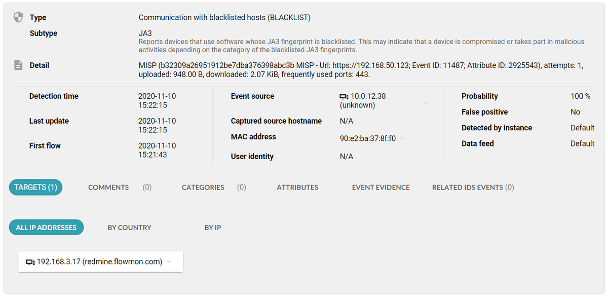 Детали события, показывающие JA3 как метод обнаружения