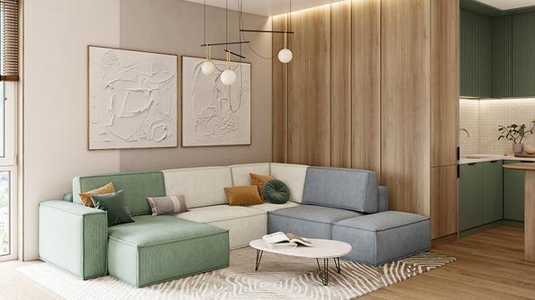 Модульный диван Этен будет отлично смотреться в просторном зале в светлых тонах. При этом диван можно собрать буквально с нуля, комбинируя пуфы, подлокотники и секции для хранения так, как нужно вам