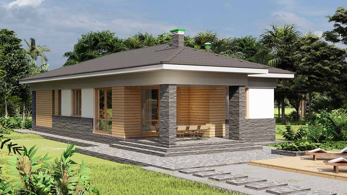 Немного романтичнее и демократичнее за счет использования дерева и штукатурки - дом Менорка.