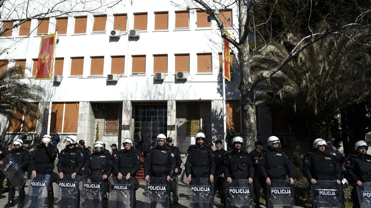    Сотрудники полиции Черногории возле здания парламента во время антиправительственных протестов в Подгорице. 15 февраля 2017© AP Photo / Risto Bozovic