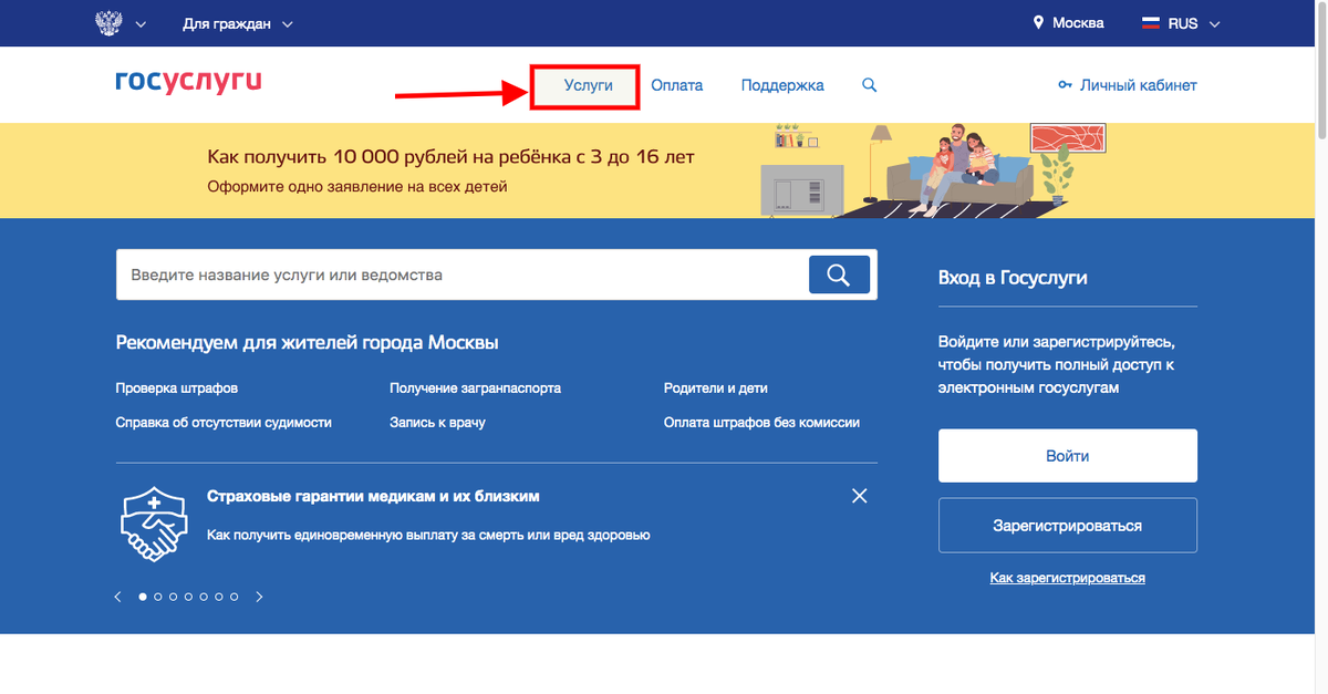 Вход на портал госуслуг. Выбираем услуги. 