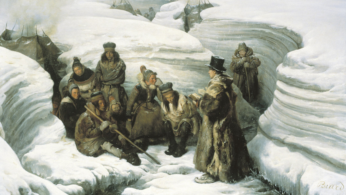 Картина «Лестадиус читает проповедь саамам» Огюста Франсуа Биара ,1840 год