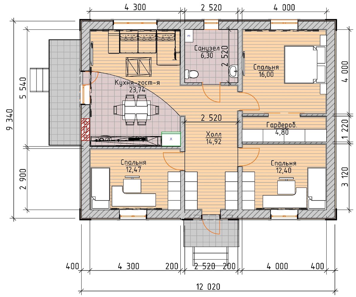 Недорогой дом 9х12 м. из газобетона с 3-мя спальнями, общей площадью 90 м². ??