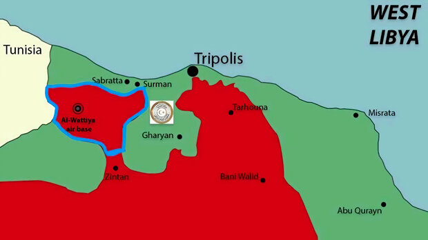 Северо-запад Ливии, расстановка сил до захвата авиабазы Аль-Ватия. Красный цвет — силы ЛНА, зеленый цвет — силы ПНСИзображение: Telegram-канал Кирилла Семенова