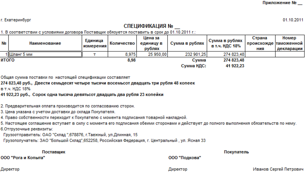 Спецификация к договору подряда образец