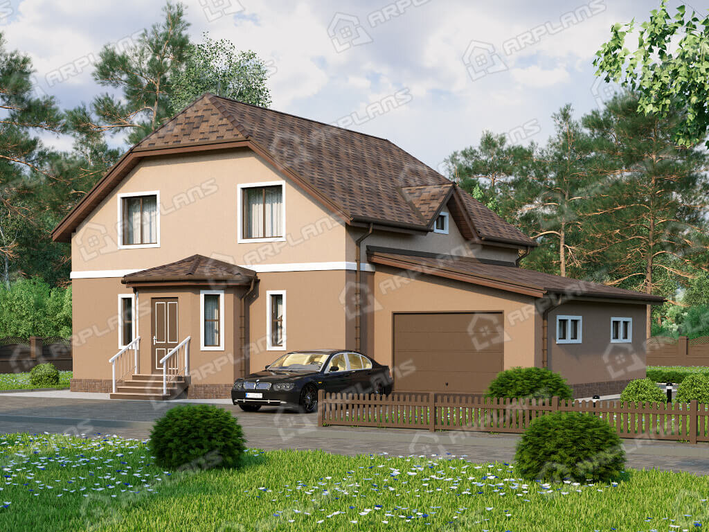 Фото 2 двухэтажного дома из газобетона с мансардой, 3 спальнями, газовой котельной, сауной и гаражом. 215 кв м. Источник arplans.ru Проект К-058